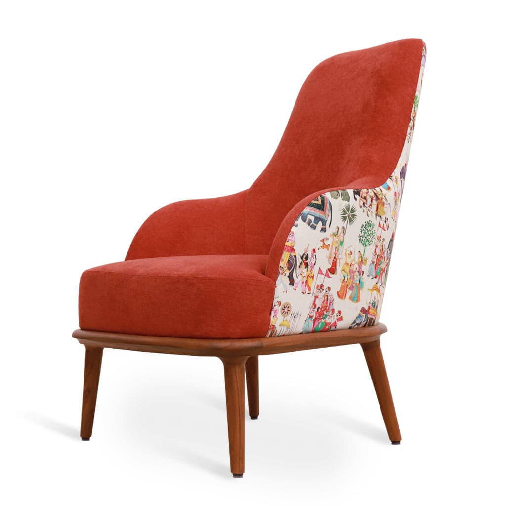 Iyi - Teak Lounge Chair, Red, Printed Fabric by Alankaram