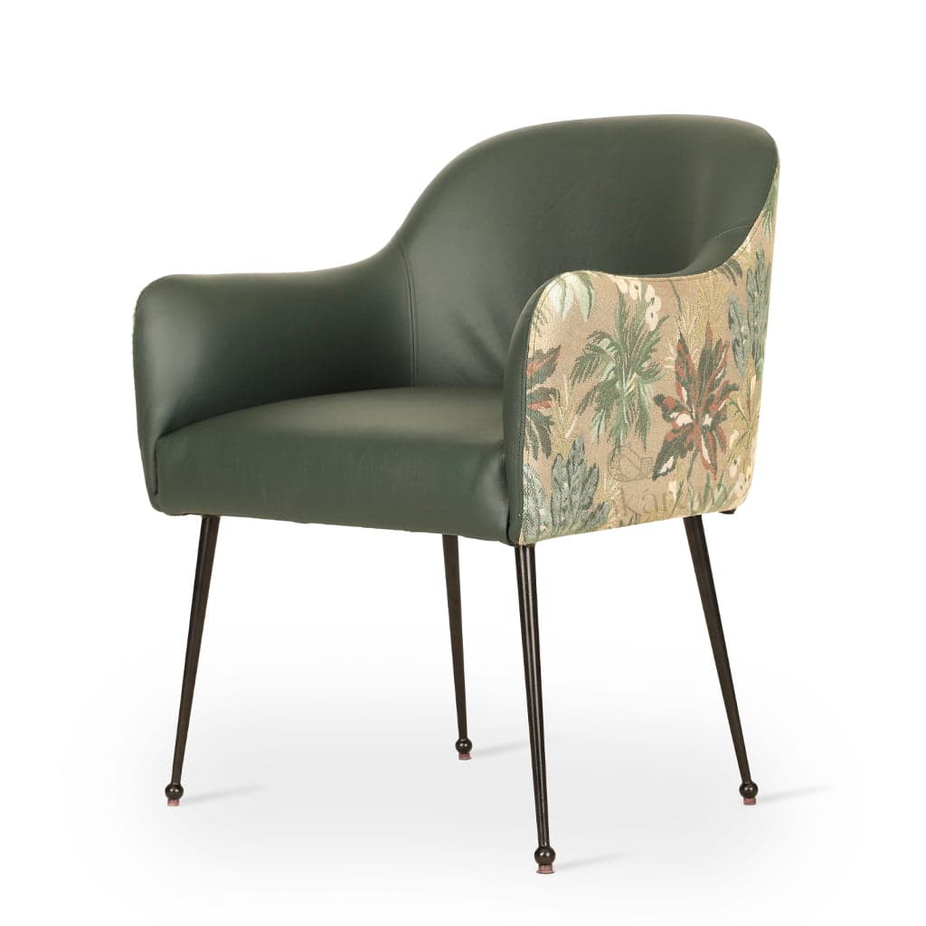 Aavaha - Metal Legs Dining Chair, Green Leather & Green Printed Fabric by Alankaram