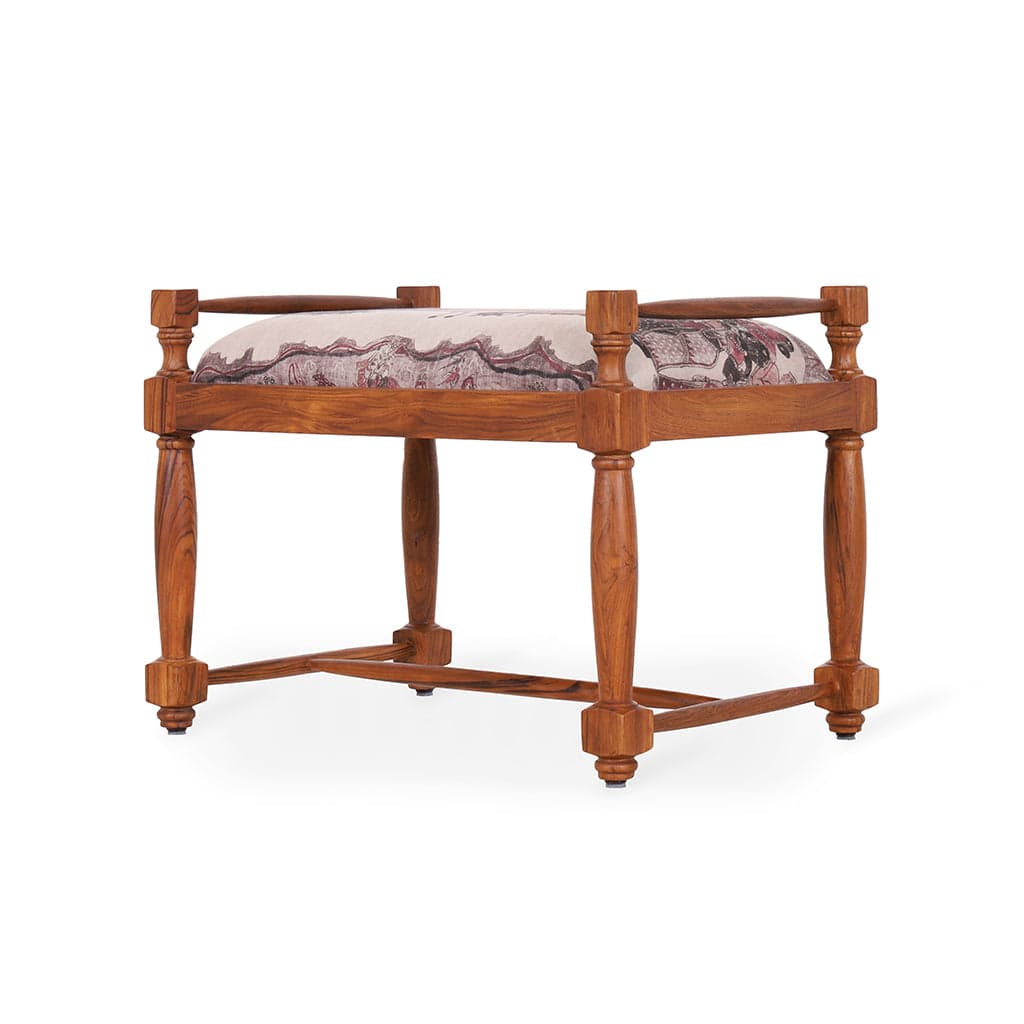 Penkki - Teakwood Bench with Off White Printed Fabric by Alankaram