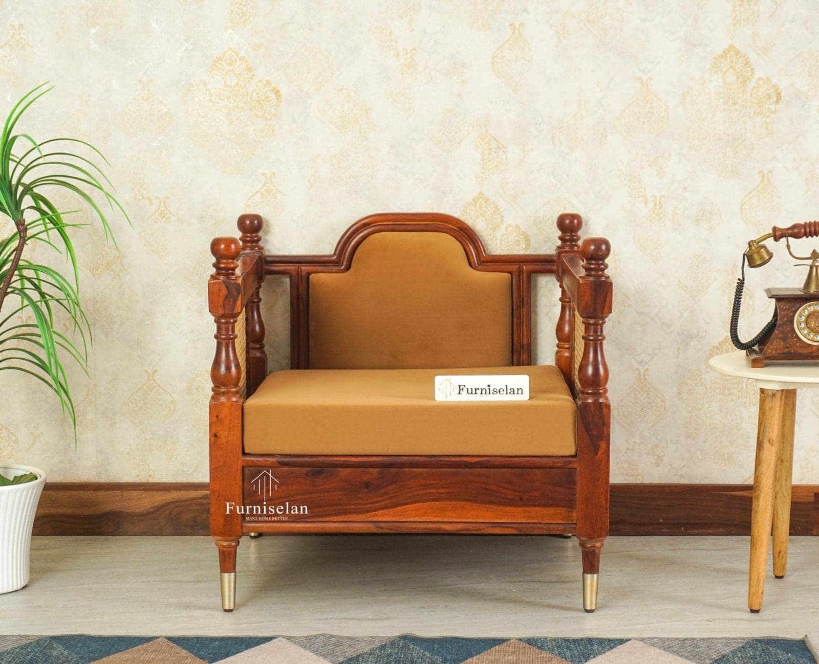 Boston Sheesham Wood Rattan Cane One Seater Sofa - (Brown Finish) by Furniselan
