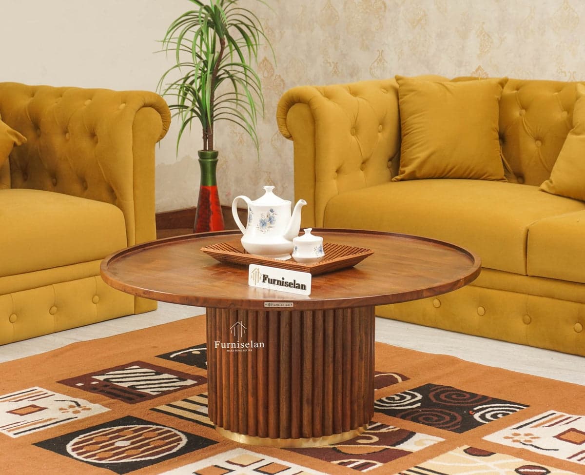Koramangala Solid Wood Round Coffee Table - (Teak Finish) by Furniselan