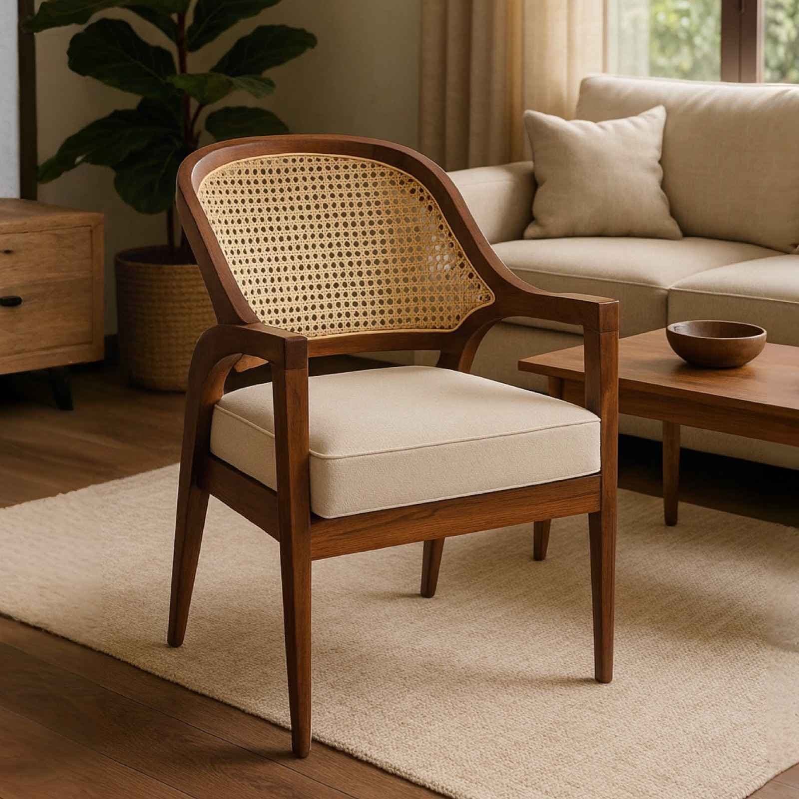 Raffino Wooden Cane Armchair – Handcrafted Sheesham Wood Chair with Natural Cane Back by Wooden Slice