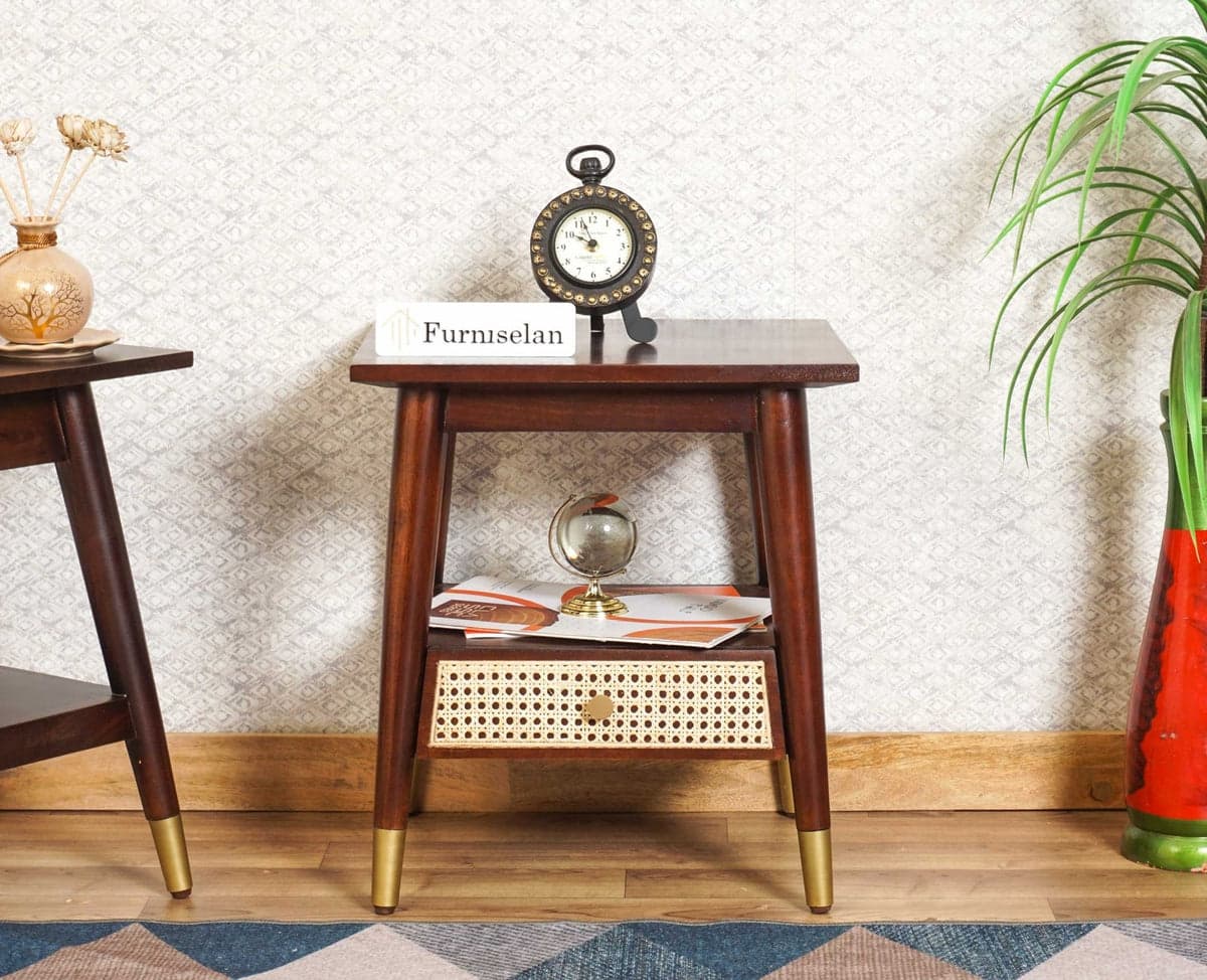 Boston solid wood rattan side table with one drawer - (Grey Finish) by Furniselan