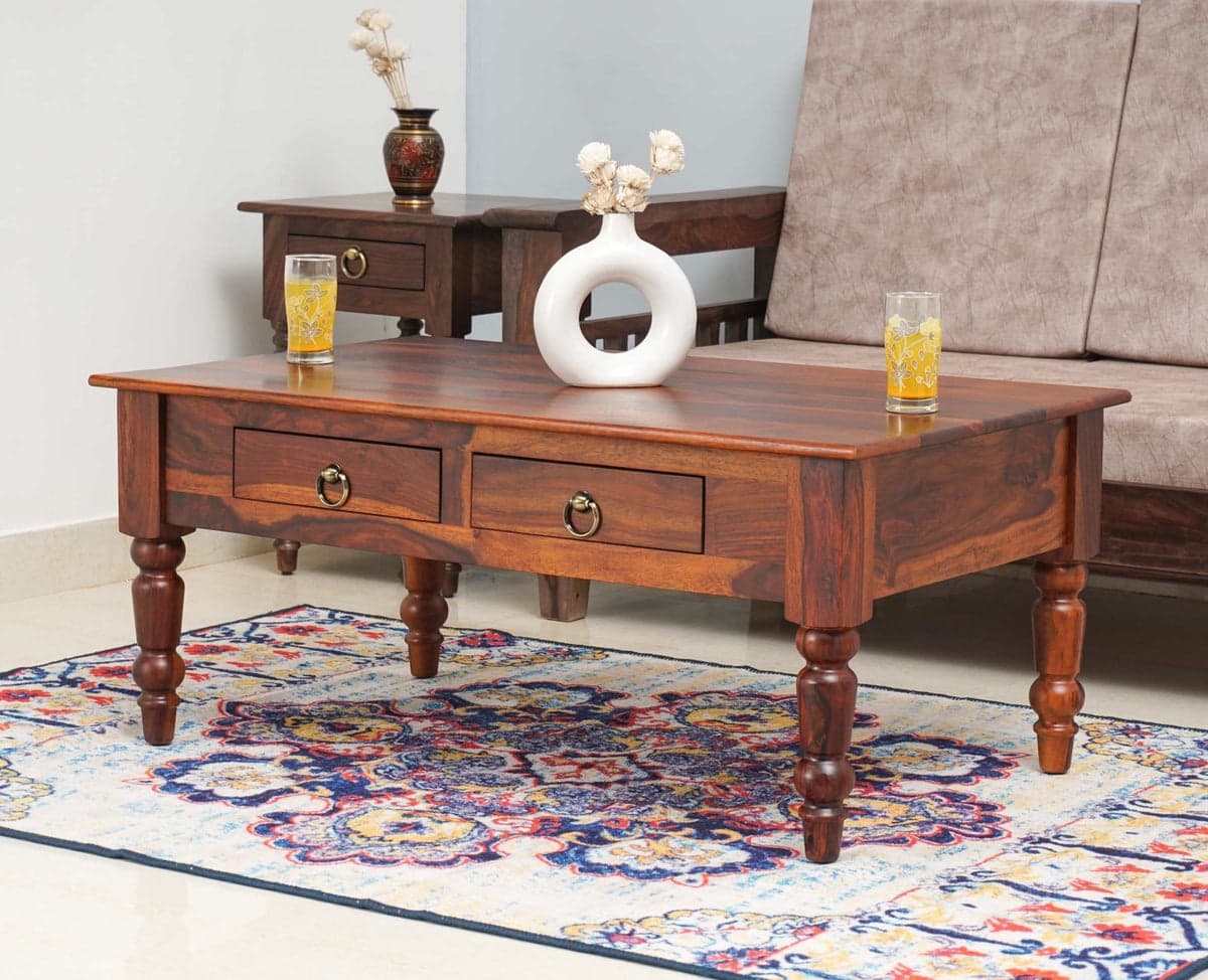 Belgium Sheesham Wood Two Drawer Coffee Table - (Maple Finish) by Furniselan