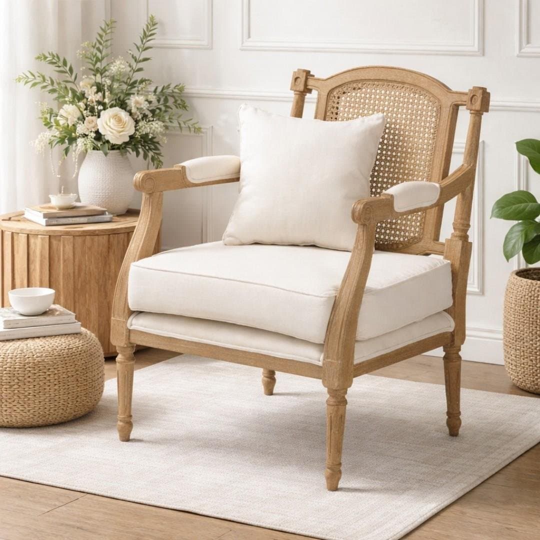 Baithak Solid Wood Cane Chair in Sheesham Wood with Upholstered Cushion (Natural Finish)- Wooden Slice by Wooden Slice
