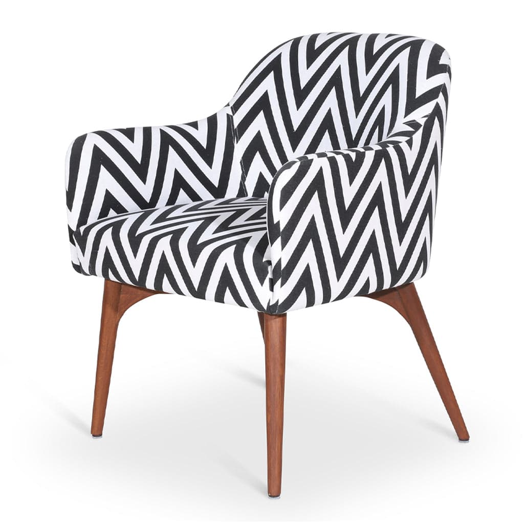 Aavaha - Teak Legs Dining Chair, Black White Printed Fabric by Alankaram