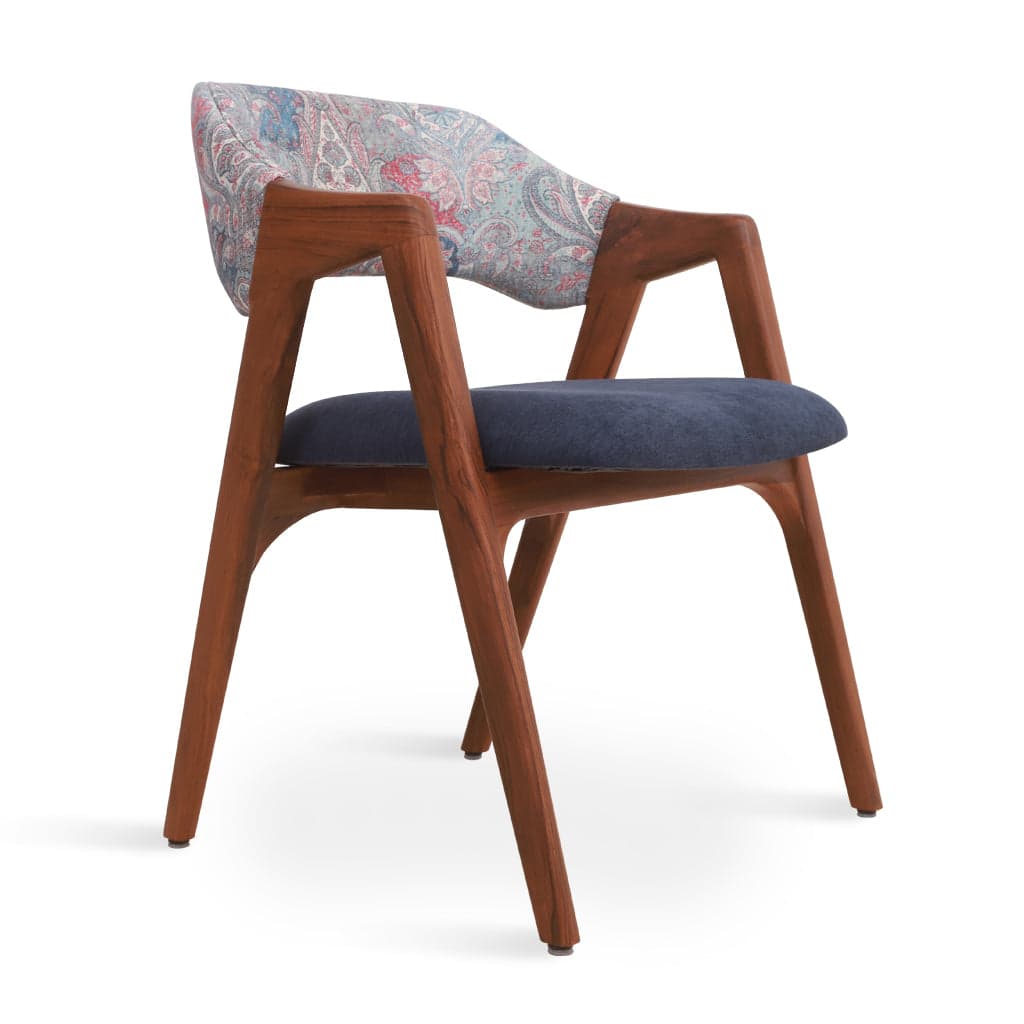 Ikkita - Teak Dining Chair, Blue Printed Fabric by Alankaram