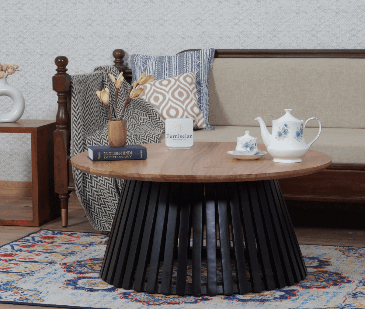 Orbit Solid Wood Round Coffee Table - (Natural Top) by Furniselan