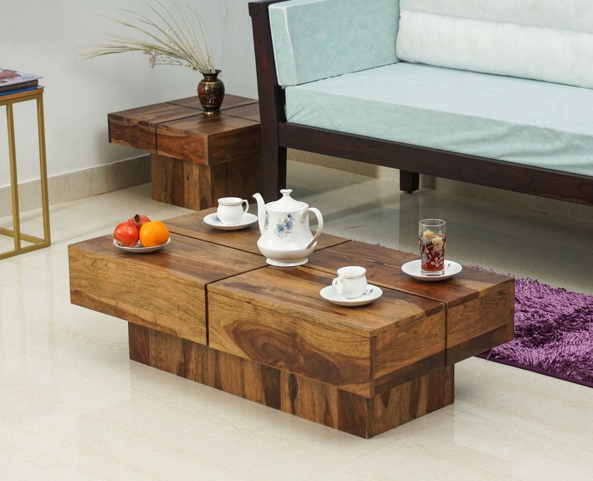 Kota Sheesham Wood Coffee Table With Two Drawers - (Rustic Teak Finish) by Furniselan