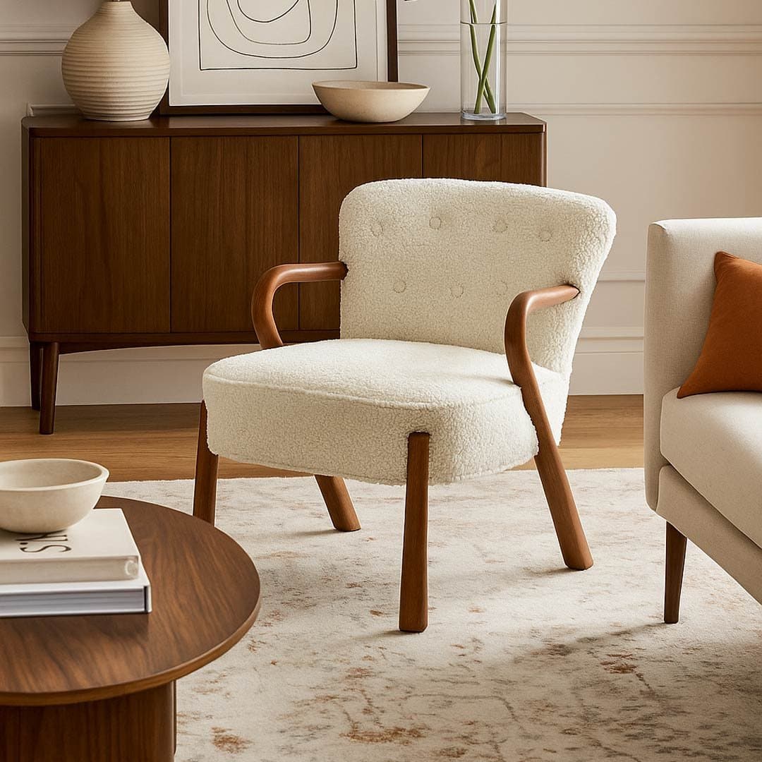 Armetta Boucle Lounge Chair | Handcrafted Sheesham Wood Accent Armchair – Wooden Slice by Wooden Slice