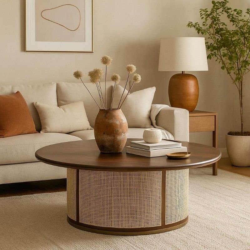 Tavora Handcrafted Sheesham Wood & Cane Round Coffee Table by Wooden Slice