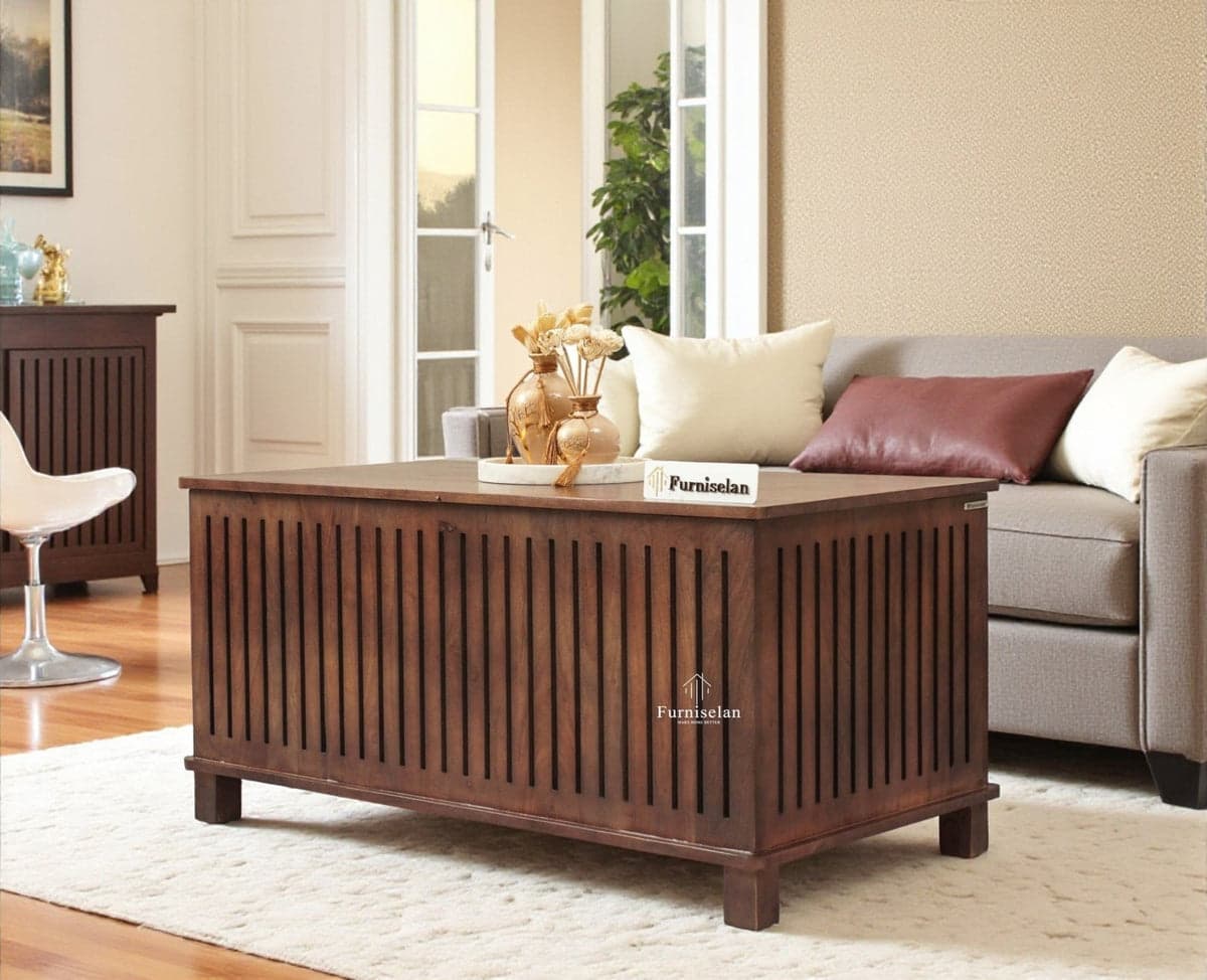 Deccan Slatted Trunk Box Storage Coffee Table - (Grey Finish) by Furniselan
