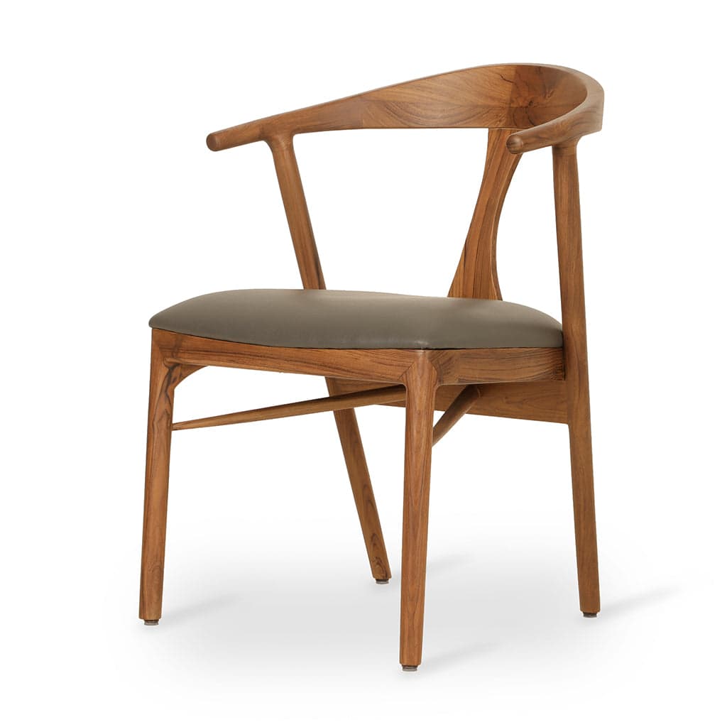 Ploot - Teak Dining Chair, Upholstered Seat, Grey Leathered by Alankaram