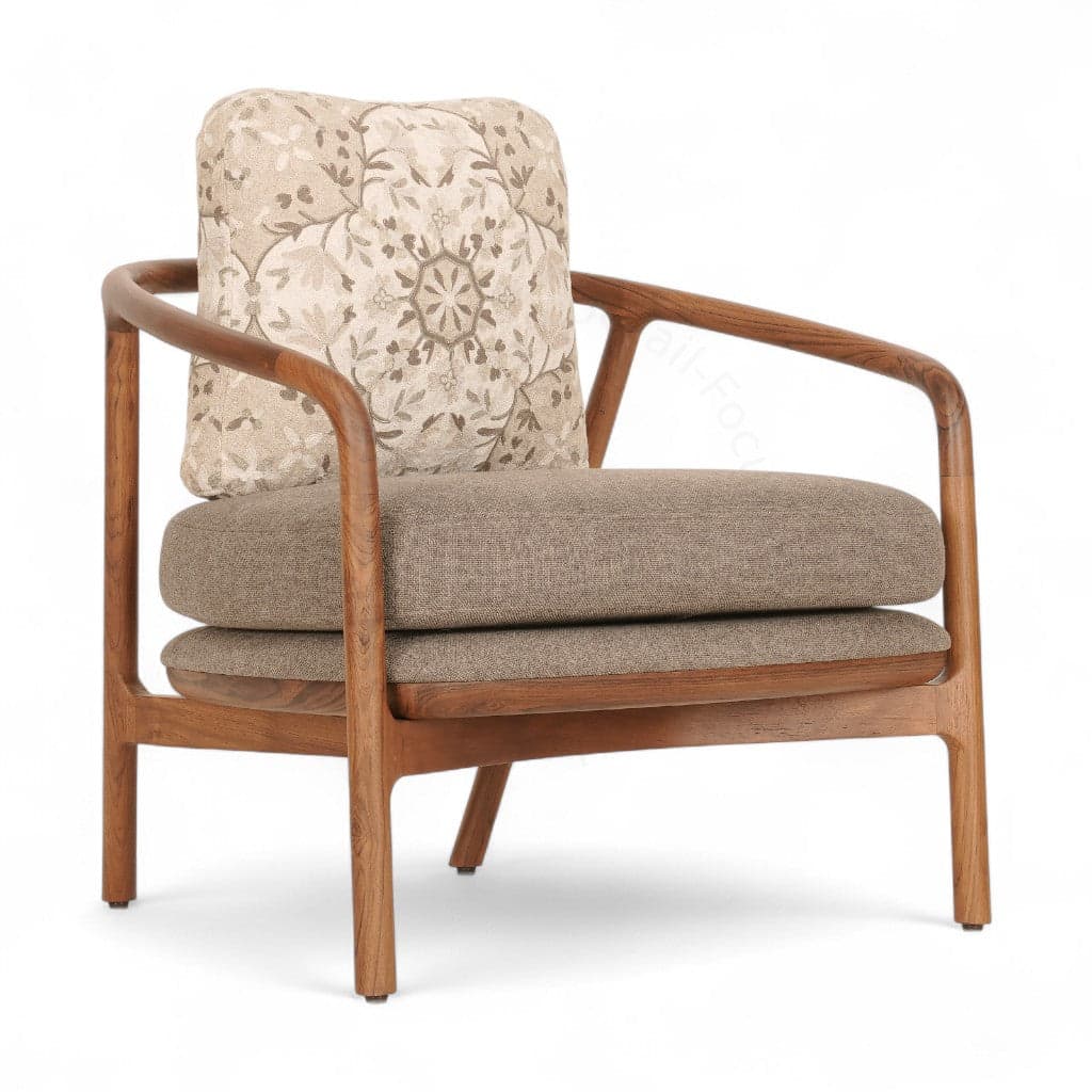 Nofo - Teak Lounge Chair, Grey, Printed Fabric 2 by Alankaram