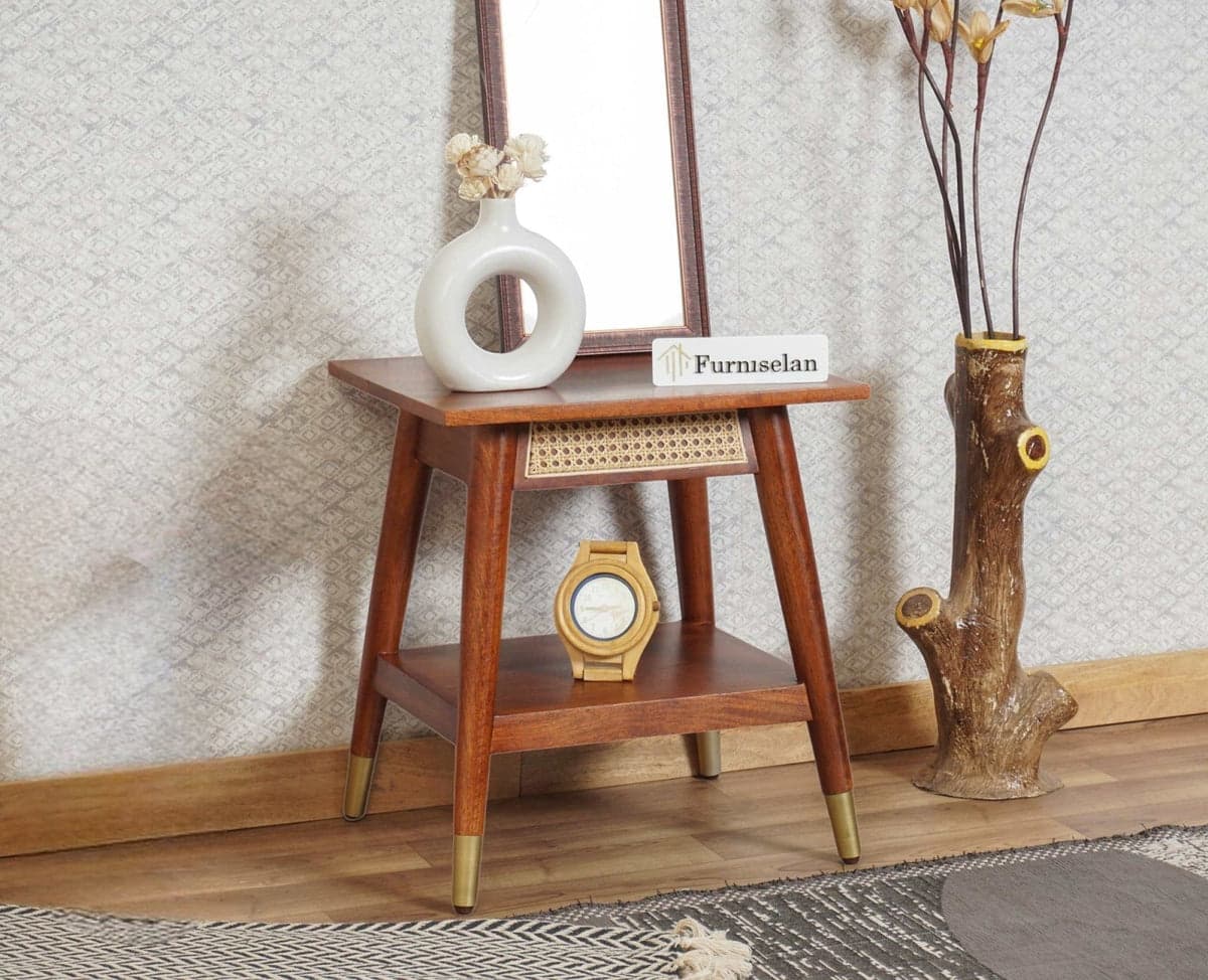 Boston Solid Wood Rattan Cane End Table - (Brown Finish) by Furniselan