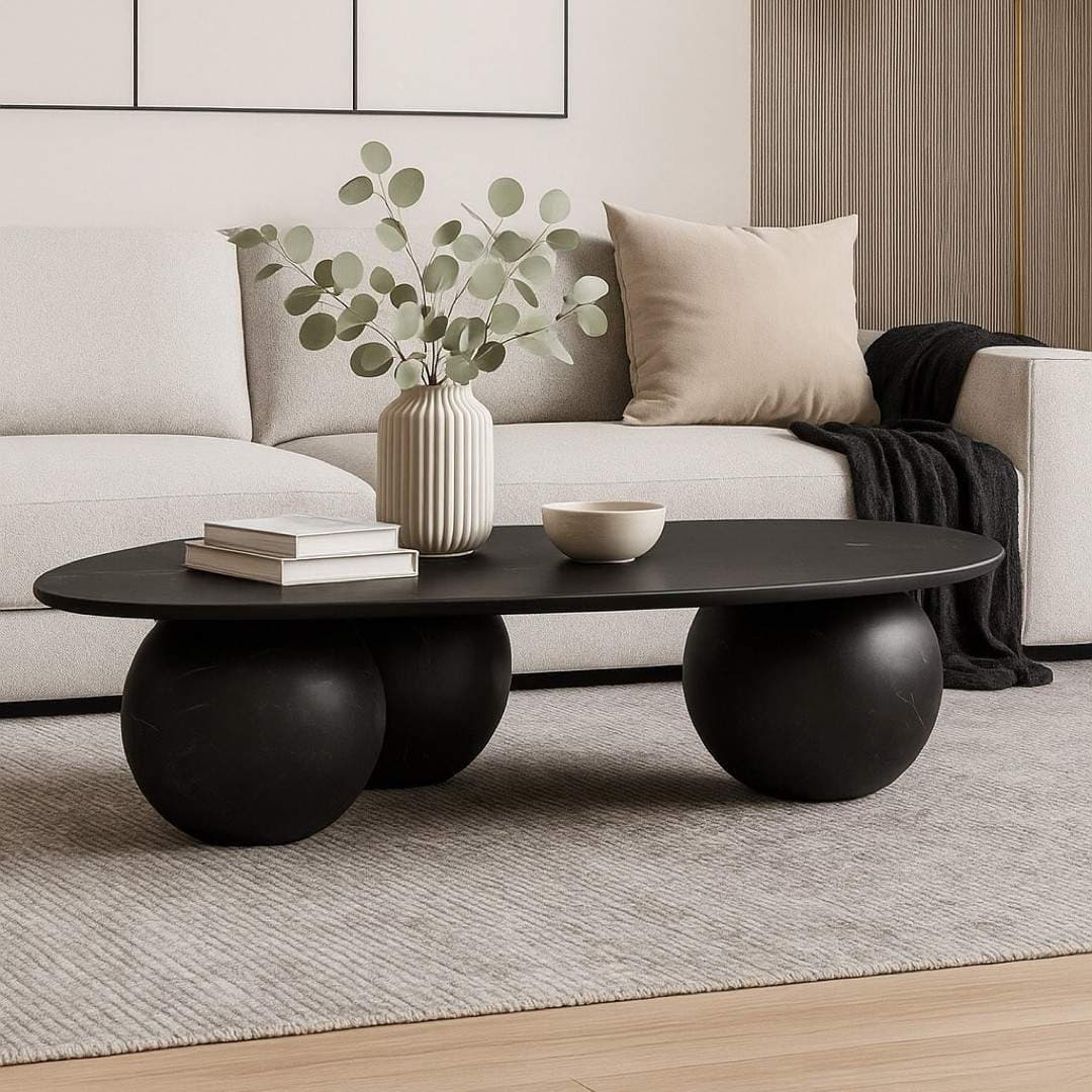 Sleekora Modern Black Coffee Table in Sheesham Wood with Sculptural Sphere Base by Wooden Slice