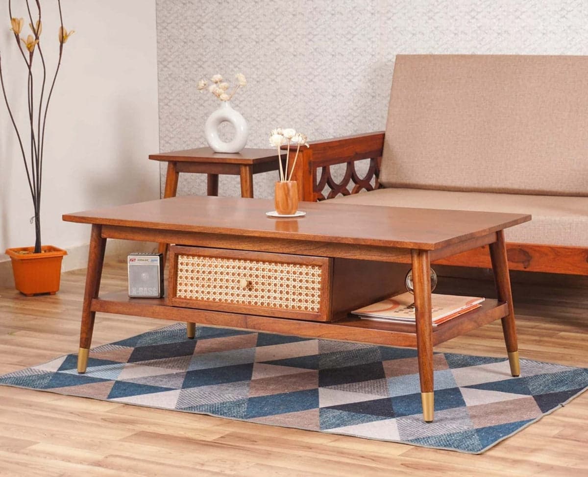 Boston Solid Wood Rattan Cane One Drawer Coffee Table - (Brown Finish) by Furniselan