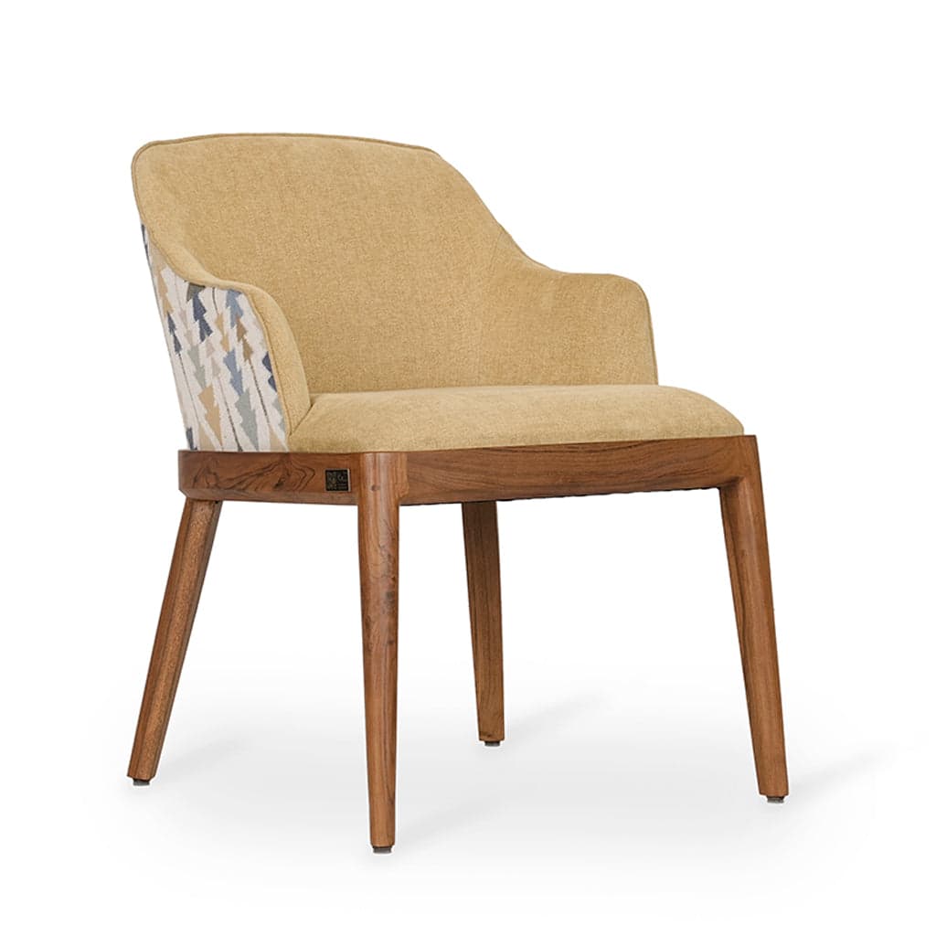 Ozlu - Teak Dining Chair, Yellow, White Printed Fabric by Alankaram