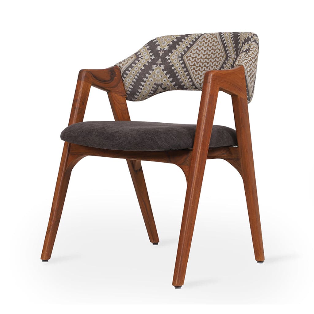 Ikkita - Teak Dining Chair, Charcoal Black, Printed Fabric by Alankaram