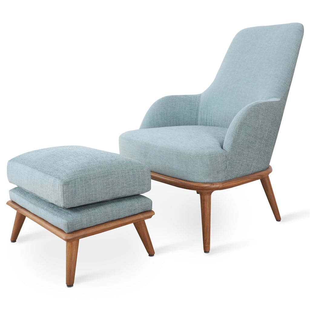Iyi - Teak Lounge Chair, Light Blue Fabric by Alankaram