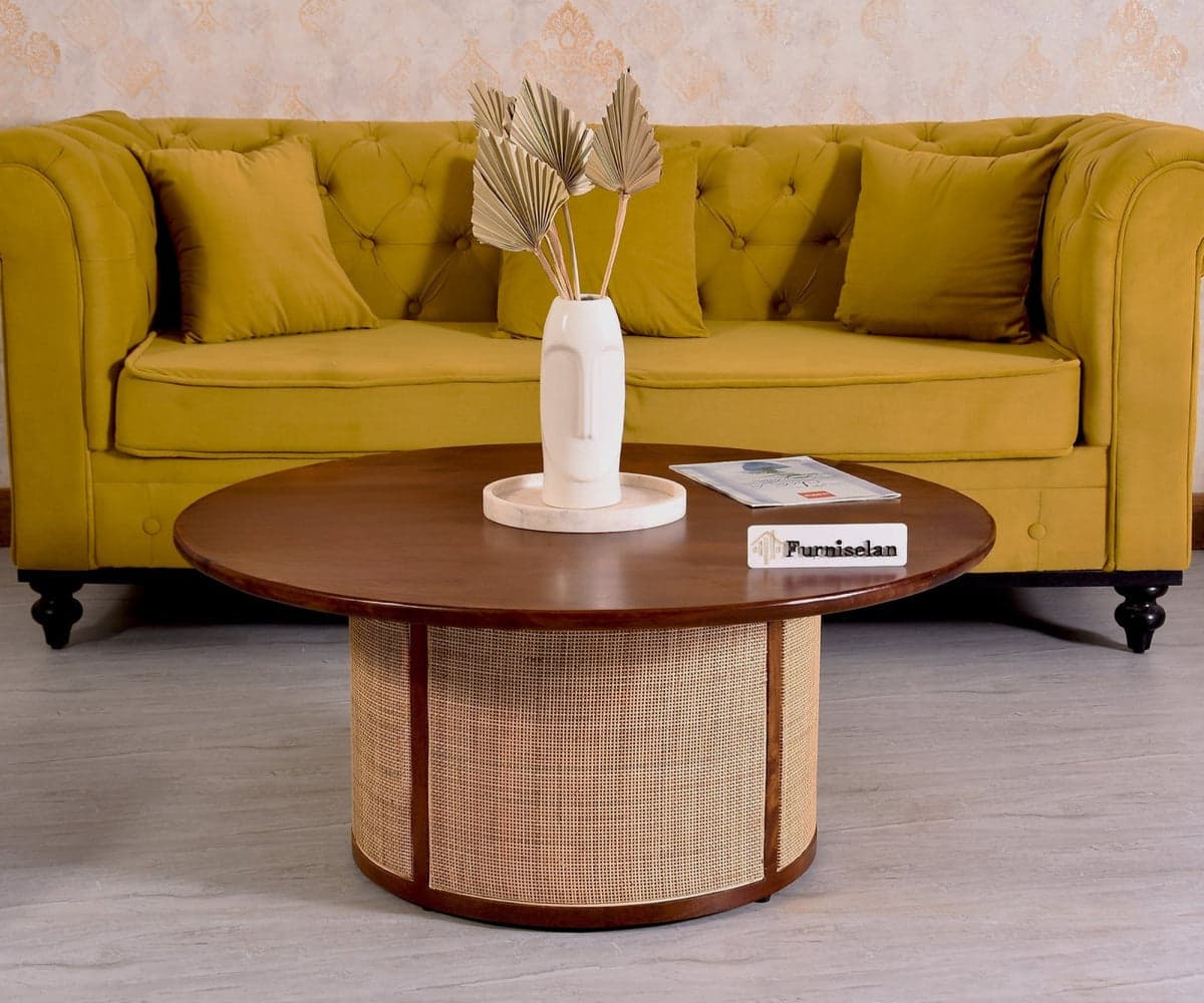 Luton Rattan Cane Wooden Round Coffee Table - (Brown Finish) by Furniselan