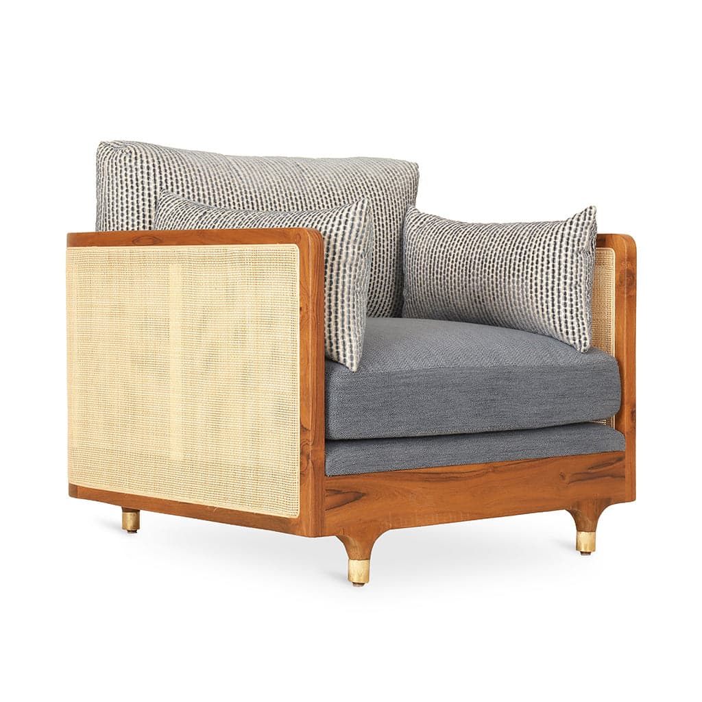 Luk - Teak Club/Sofa Chair, Blue Fabric 2 by Alankaram