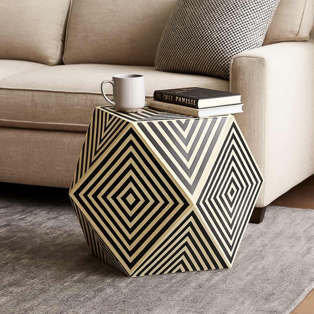 Zentra Geometric Bone Inlay Wood Side Table – Modern Hexagonal Accent End Table by Wooden Slice
