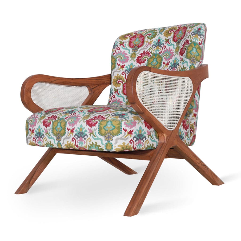 Patahi -Teak Lounge Chair, rattan Armrest, Multicolor Printed by Alankaram