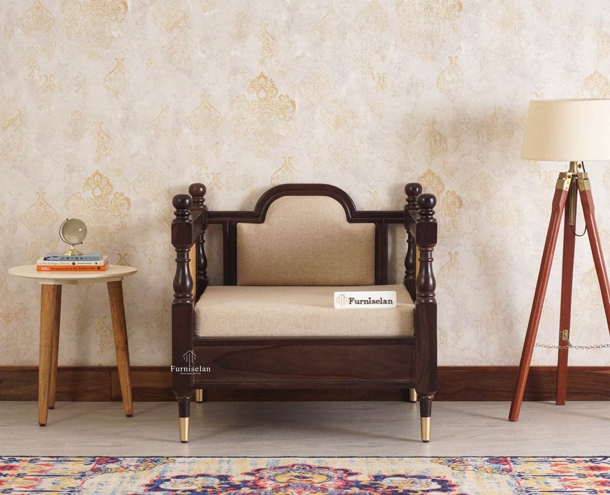 Boston Sheesham Wood Rattan Cane One Seater Sofa - (Grey Finish) by Furniselan