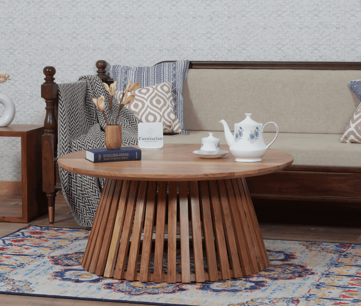 Orbit Solid Wood Round Coffee Table - (Natural Finish) by Furniselan