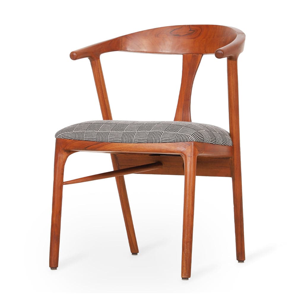 Ploot - Teak Dining Chair, Upholstered Seat, Grey Printed Fabric by Alankaram