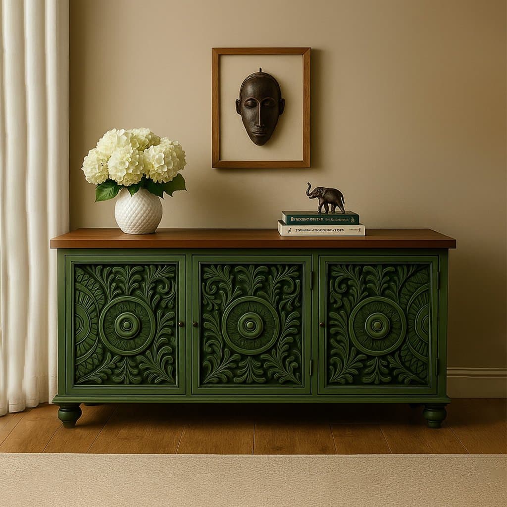 Harita Mango Wood Carved Console Table – Distressed Green Sideboard with Brown Top- Wooden Slice by Wooden Slice