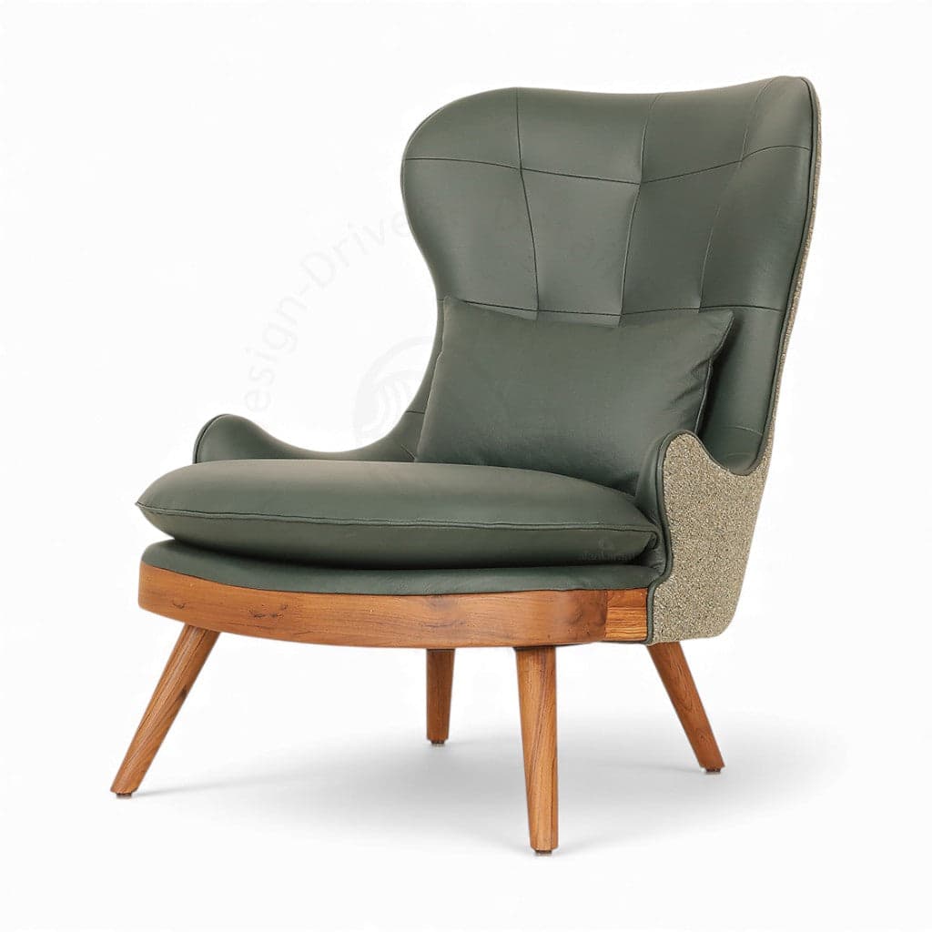 Dubu -Teak Lounge Chair, Green Leatherette by Alankaram