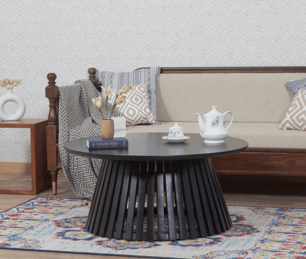 Orbit Solid Wood Round Coffee Table - (Black Finish) by Furniselan
