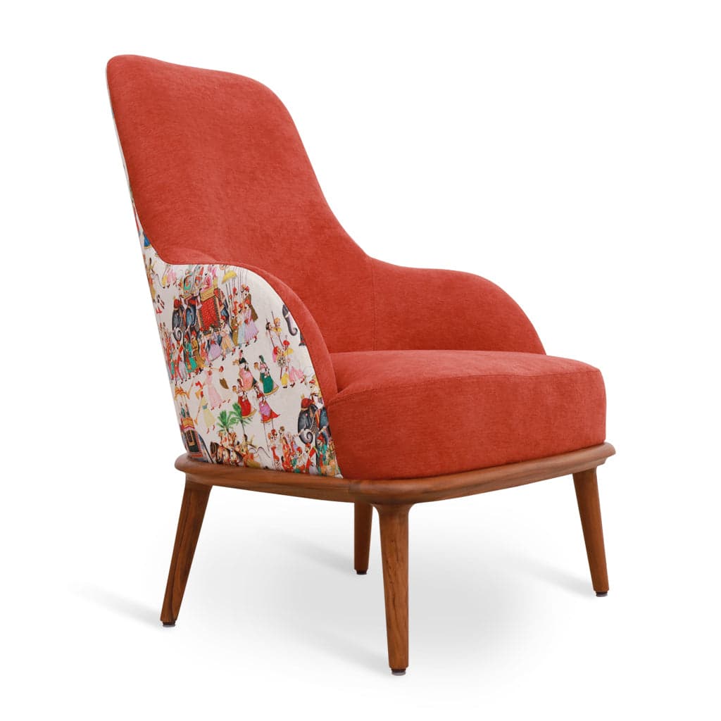 Iyi - Teak Lounge Chair, Red, Printed Fabric 2 by Alankaram