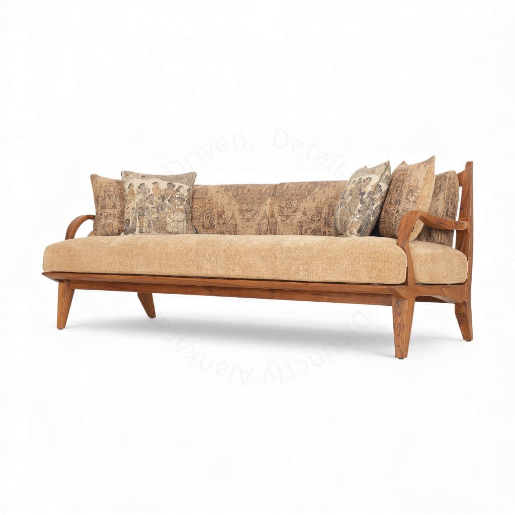 Araal - Three Seater Teak Sofa, Beige Fabric by Alankaram