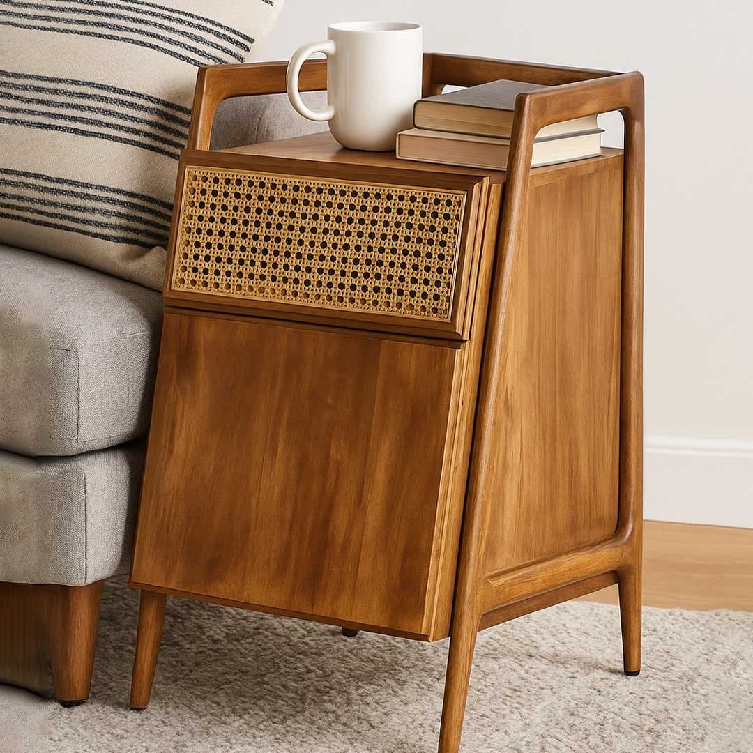 Tabra Modern Solid Wood Rattan Side Table in Natural Finish – Wooden Slice by Wooden Slice