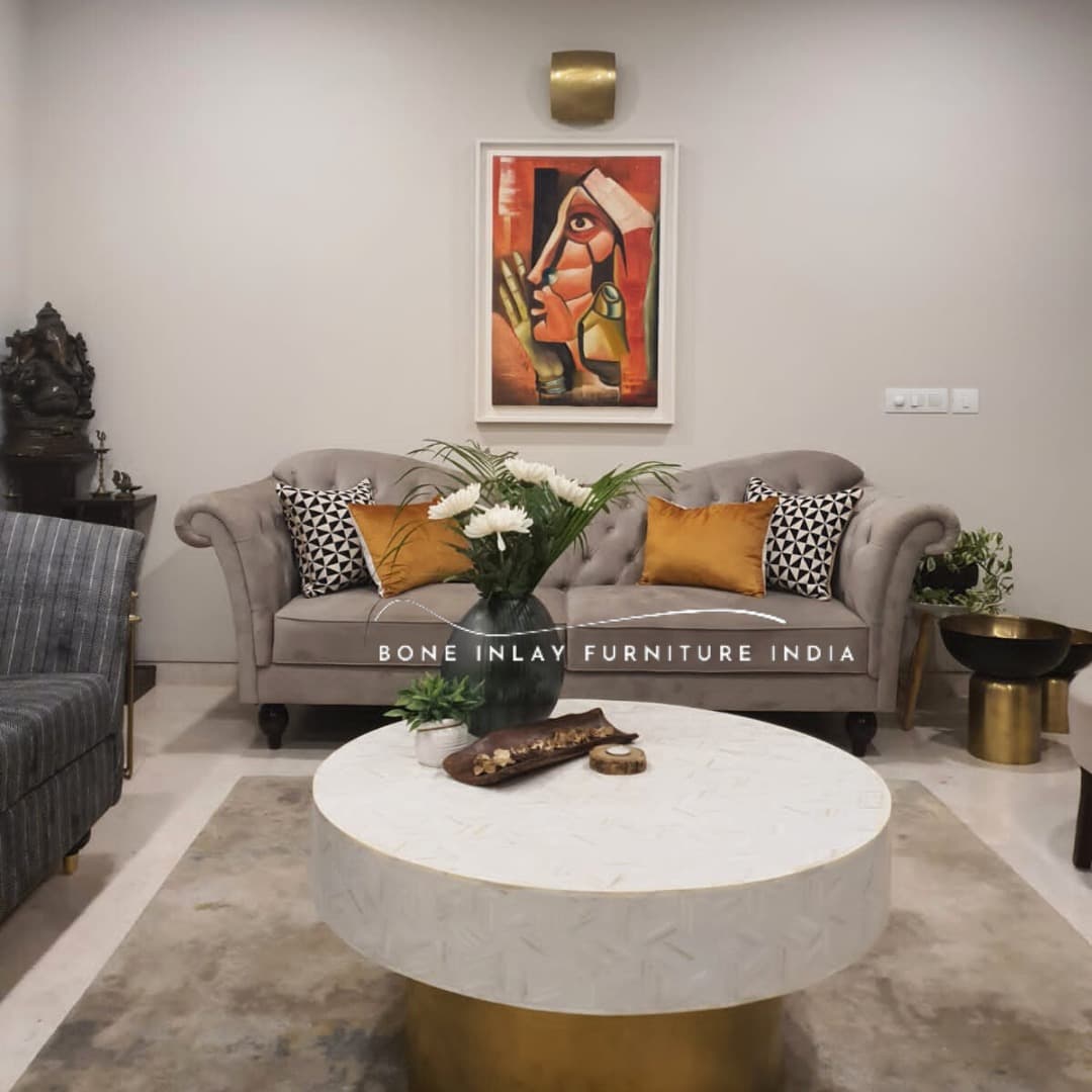 Bone Inlay White Coffee Table by Bone Inlay Furniture India