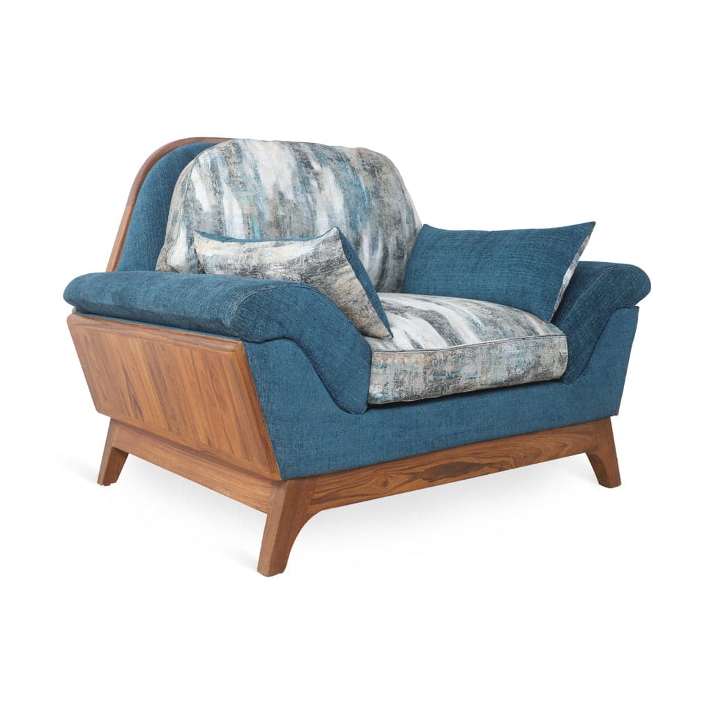Doppio - Teak Club/Sofa Chair, Blue Fabric by Alankaram