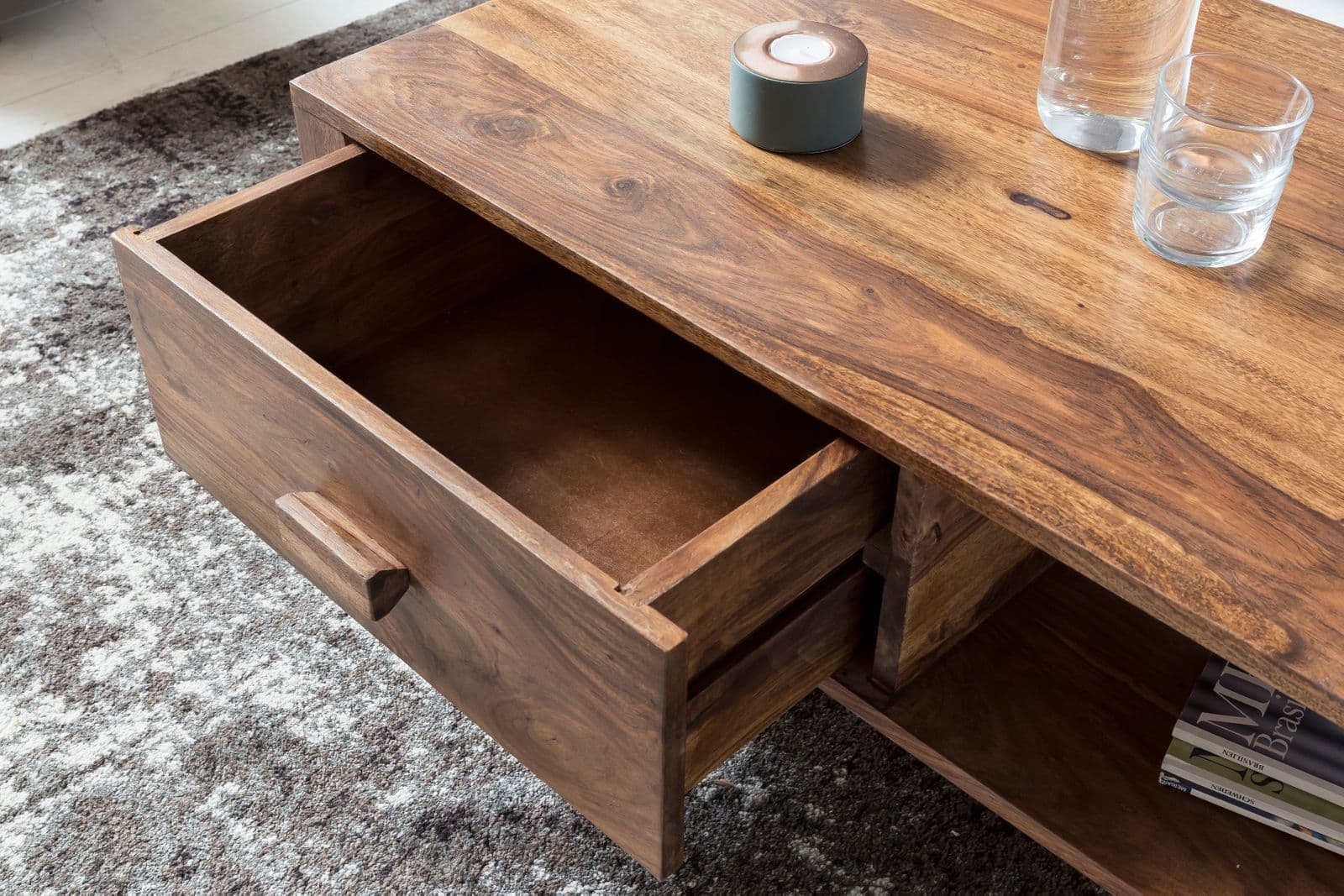Solid Wood Capital Coffee Table with Shelf & Drawer by Saraf Furniture
