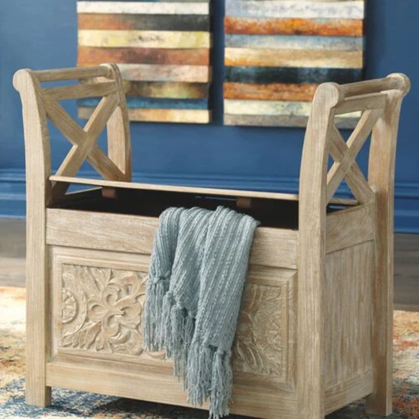 Rajasthani Hand-Carved Solid Wood Storage Bench | Traditional Indian Designer Bench by The Leaf Craft