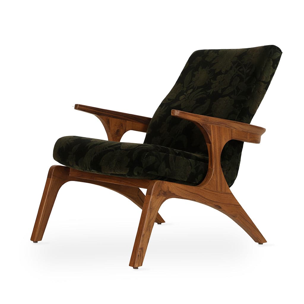 Piko - Teak Lounge Chair Olive Green Fabric by Alankaram