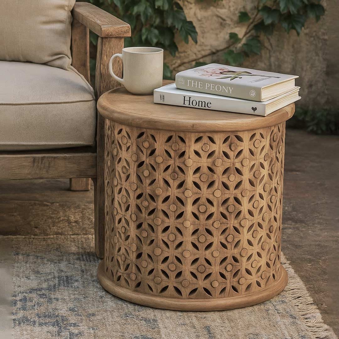 Stubo Hand-Carved Natural Sheesham Wood Drum Side Table – Jali Accent Console- Wooden Slice by Wooden Slice