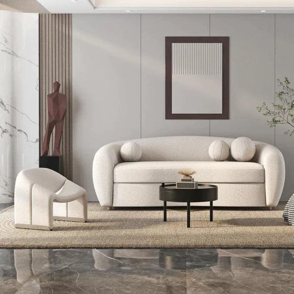 Pune White Teddy Velvet 3-Seater Curved Sofa – Luxury Comfort for Modern Living Rooms by Furnhands