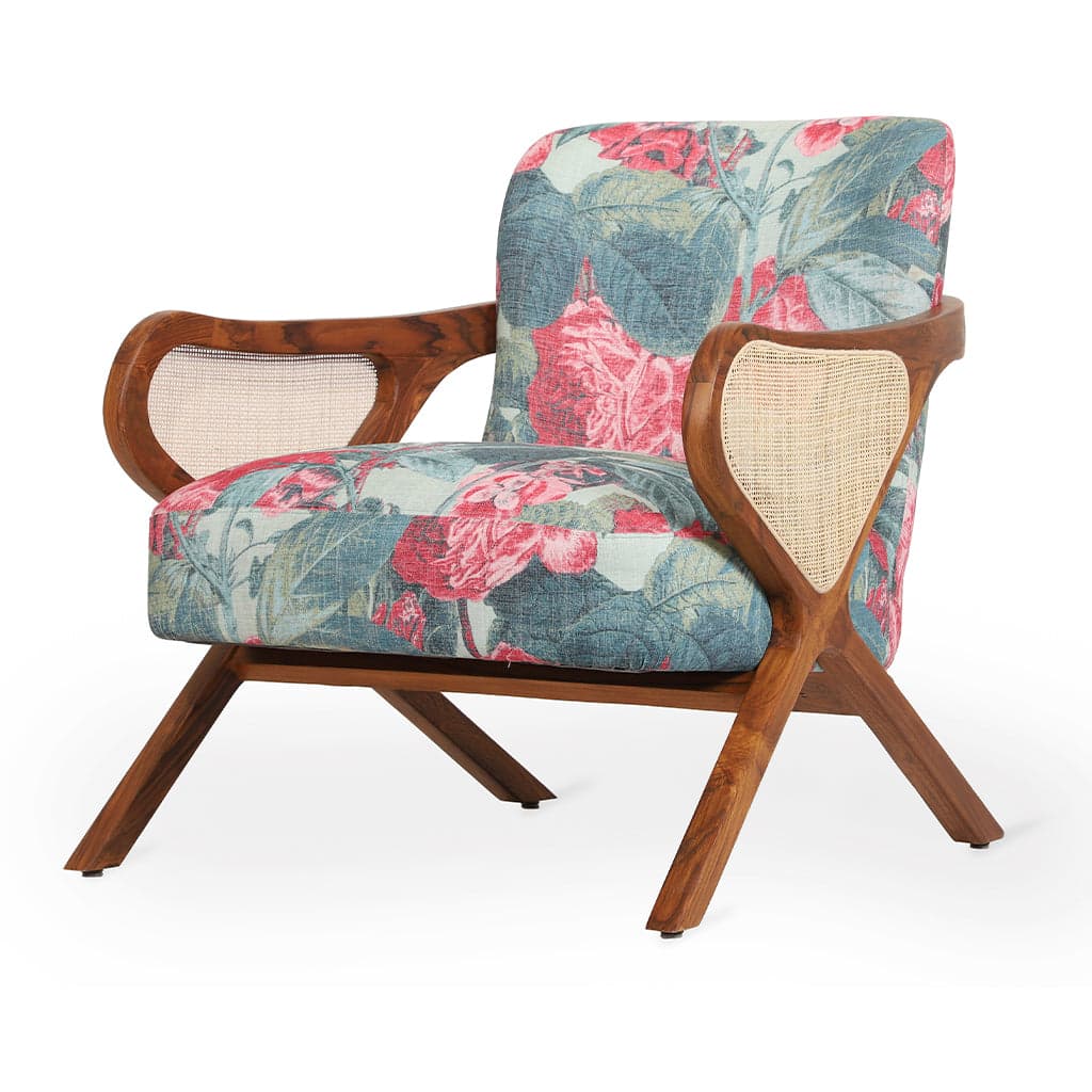 Patahi -Teak Lounge Chair, rattan Armrest, Multicolor Printed Fabric by Alankaram