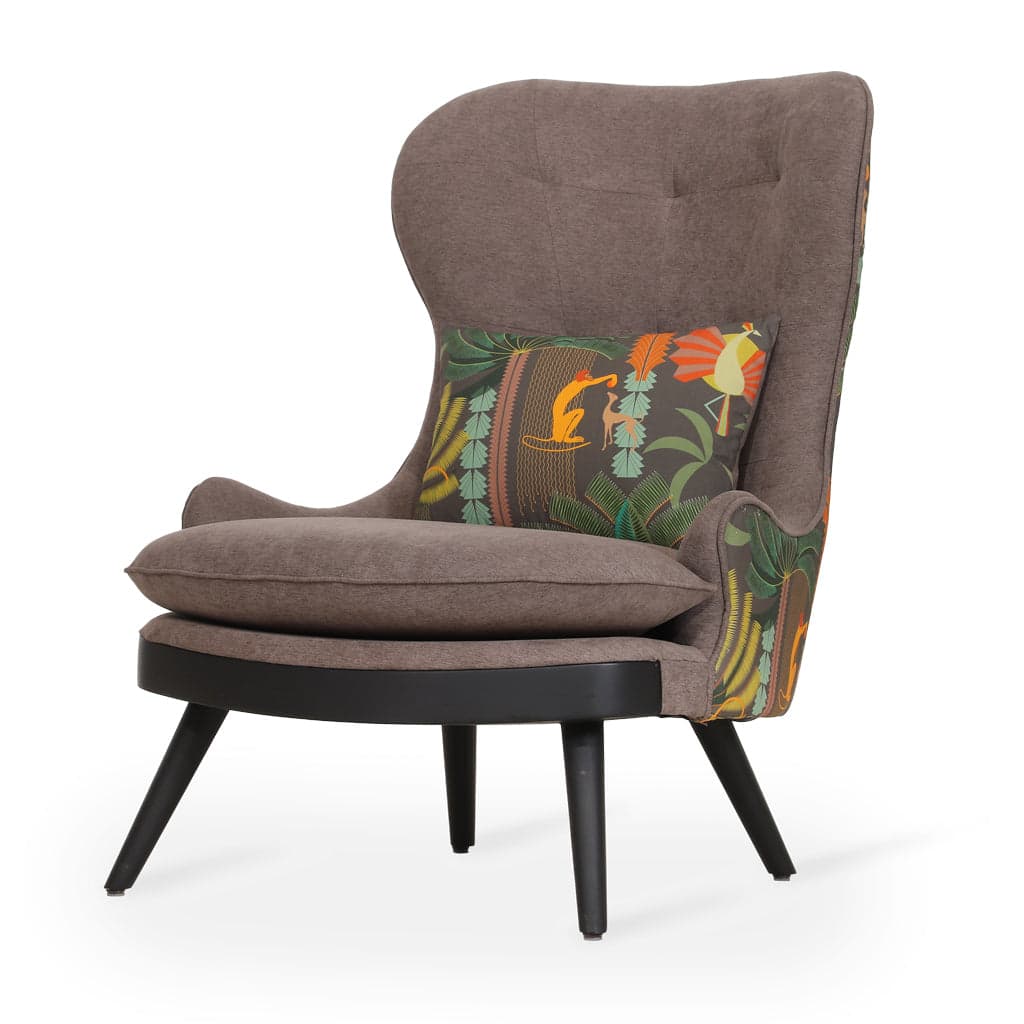 Dubu - Ash/Oak/Beech Lounge Chair, Stained, Grey, Multicolor Printed Fabric by Alankaram