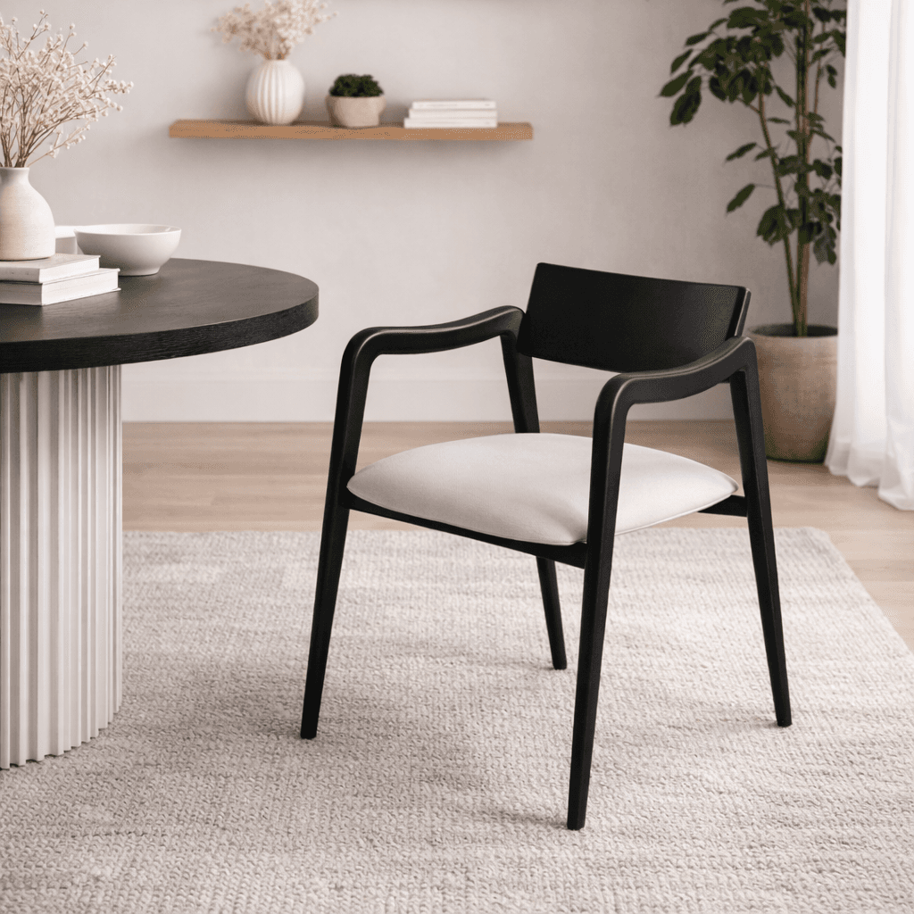 Modern Solid Wood Arm Dining Chair with Upholstered Seat – Minimal Black Finish by The Leaf Craft
