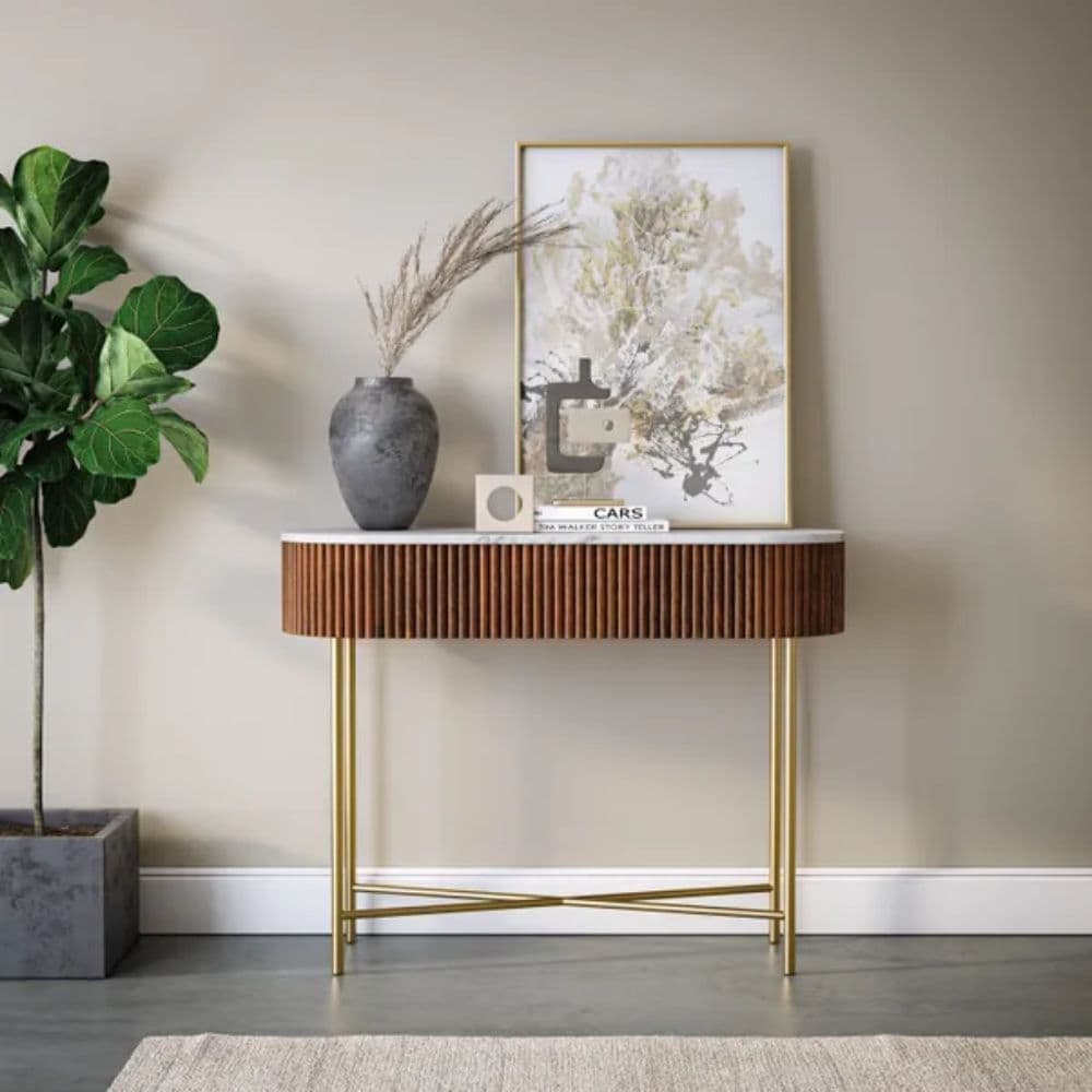 Luxury Marble Console Table in Bangalore – Solid Wood Designer Console for Living Room by Furnhands