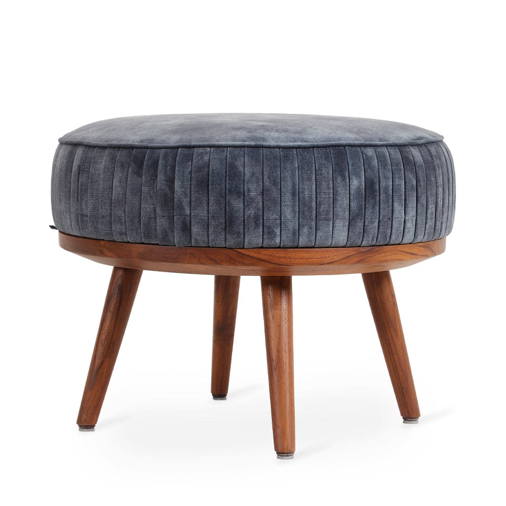 Zoya - Teakwood Round Ottoman with Astronaut Blue Fabric by Alankaram