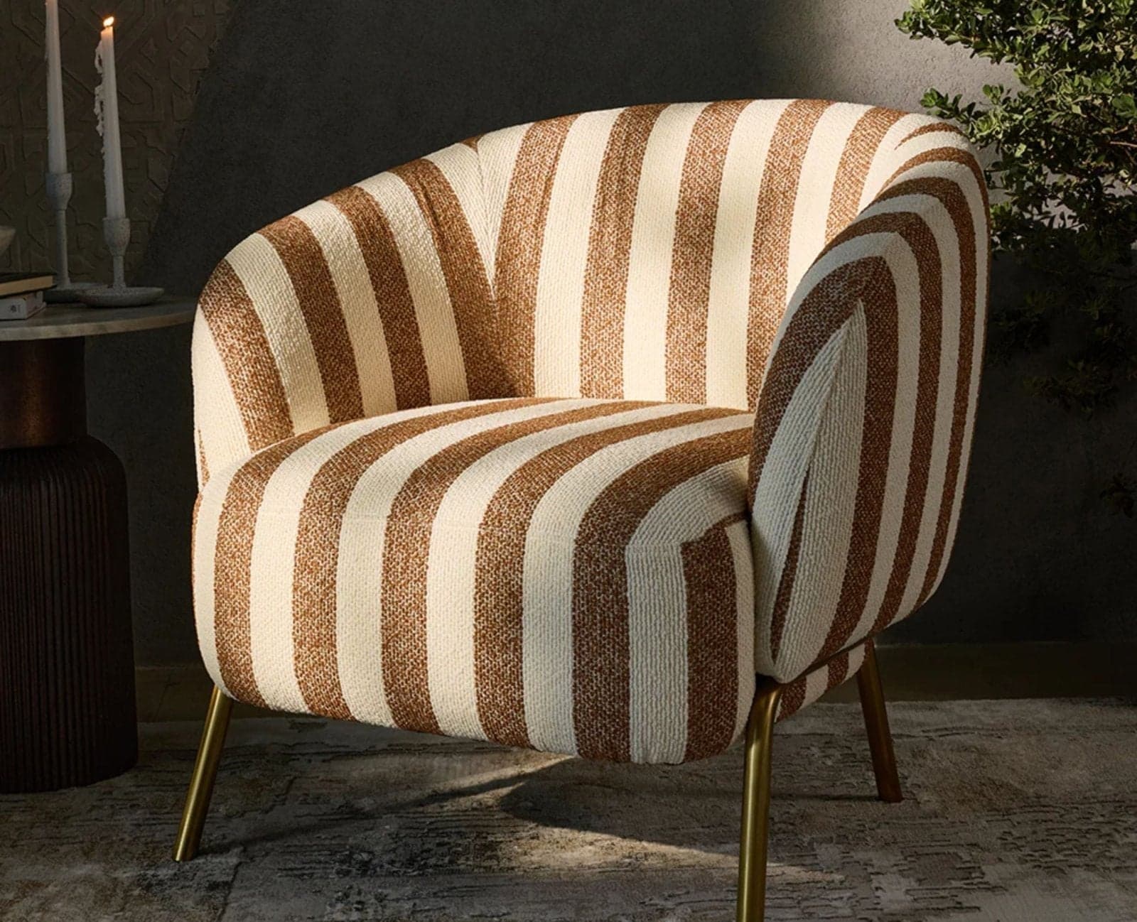 Cherry Stripped Armchair – Modern Upholstered Dining Chair for Home & Café - (Tan and Cream Stripe) by Furniselan